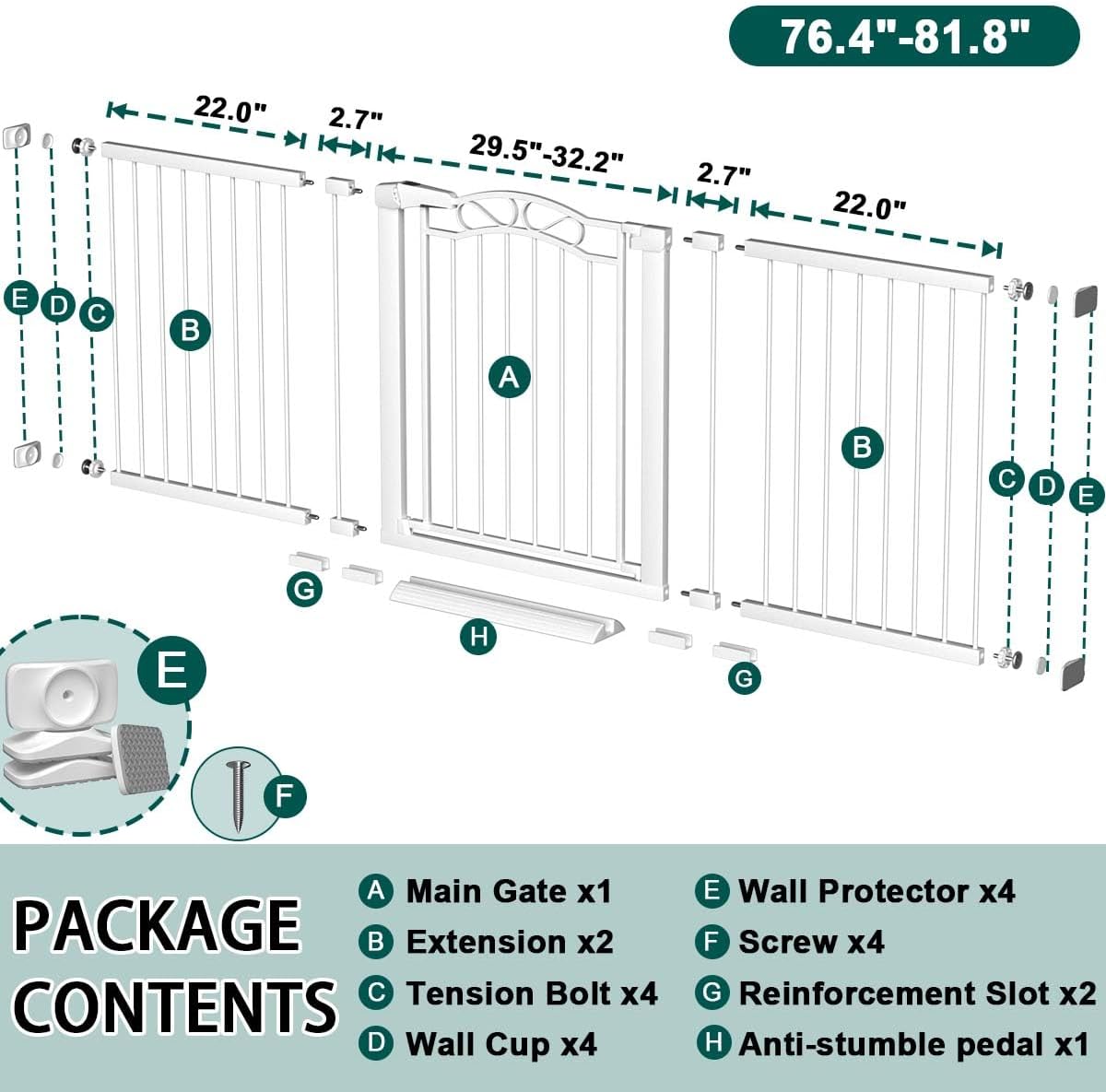 Fairy Baby 76.4"-81.8" Extra Wide Baby Gate Indoor for Stairs, Pressure Mounted Long Dog Gates for Doorways Walk Thru No Drill Pet Gates Child Safety Gate, White