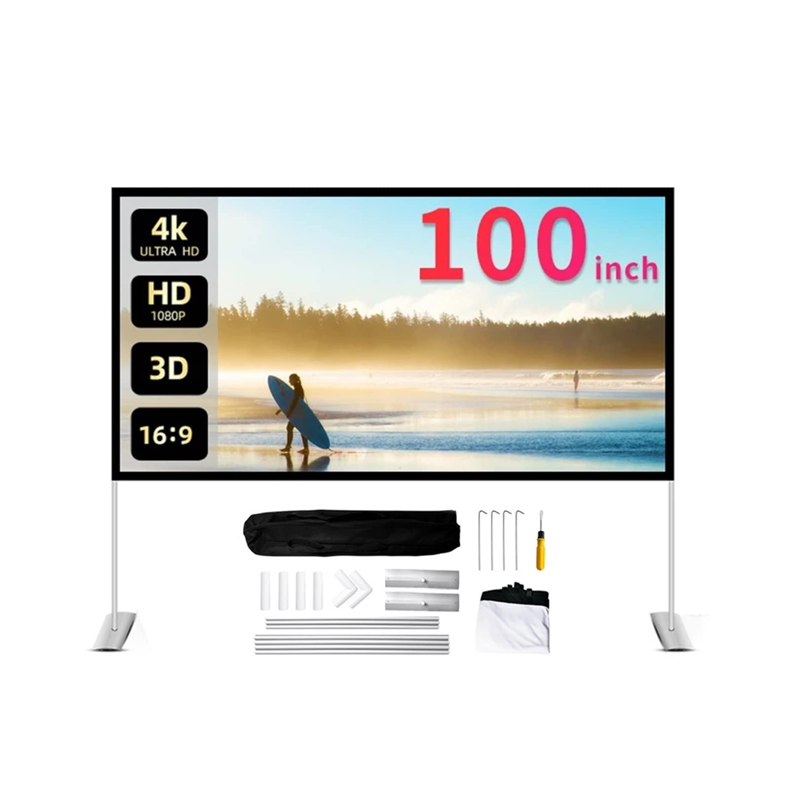 Myuyee Projector 16:9 Protective Outdoor Portable Foldable Screen Straight 100Inch Home Ktv Office Indoor3d Hd Projection Screen Gaming, Office