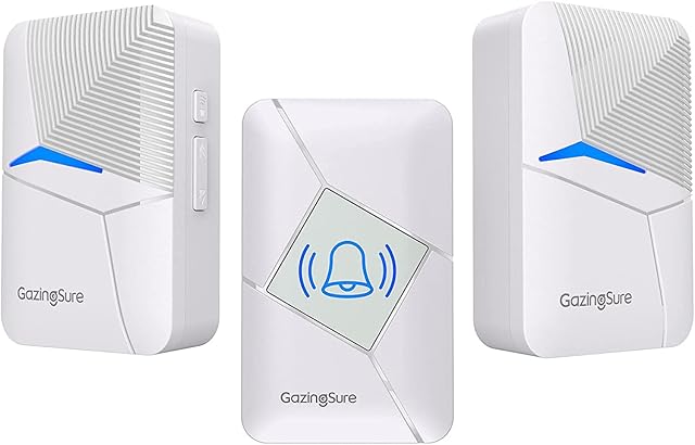 GazingSure Wireless Doorbell, IP55 Waterproof Doorbell with 2 Plug-in Receivers Cordless Door Bell Chime Kit Battery Operated at 1500ft Range with 55 Chimes, 5-Level Volume and LED Indicator (White)
