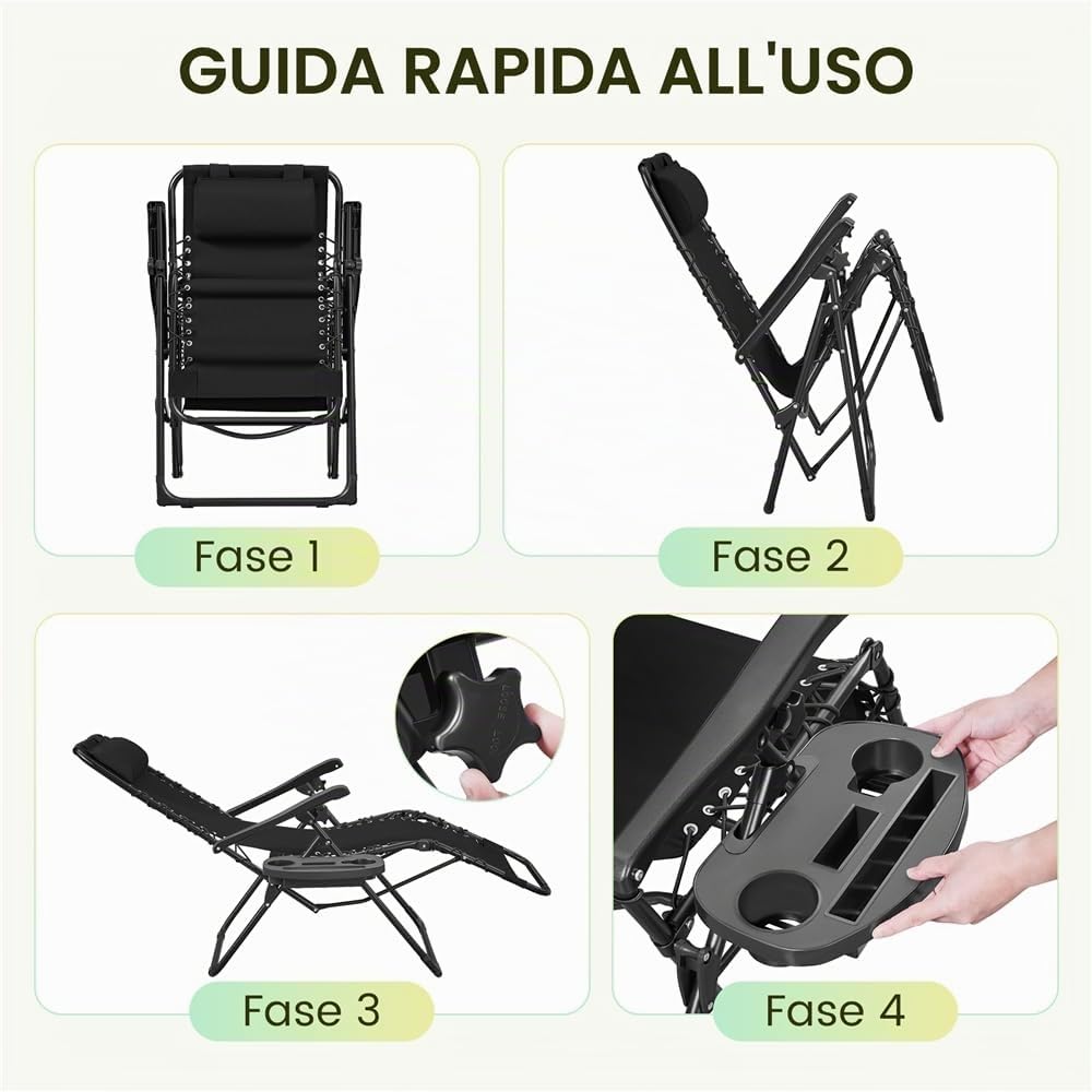 Yaheetech Sedie a Sdraio Pieghevoli a Gravità Zero con Vassoio Rimovibile Poltrona Relax per Piscina Giardino Esterno Spiaggia Nero