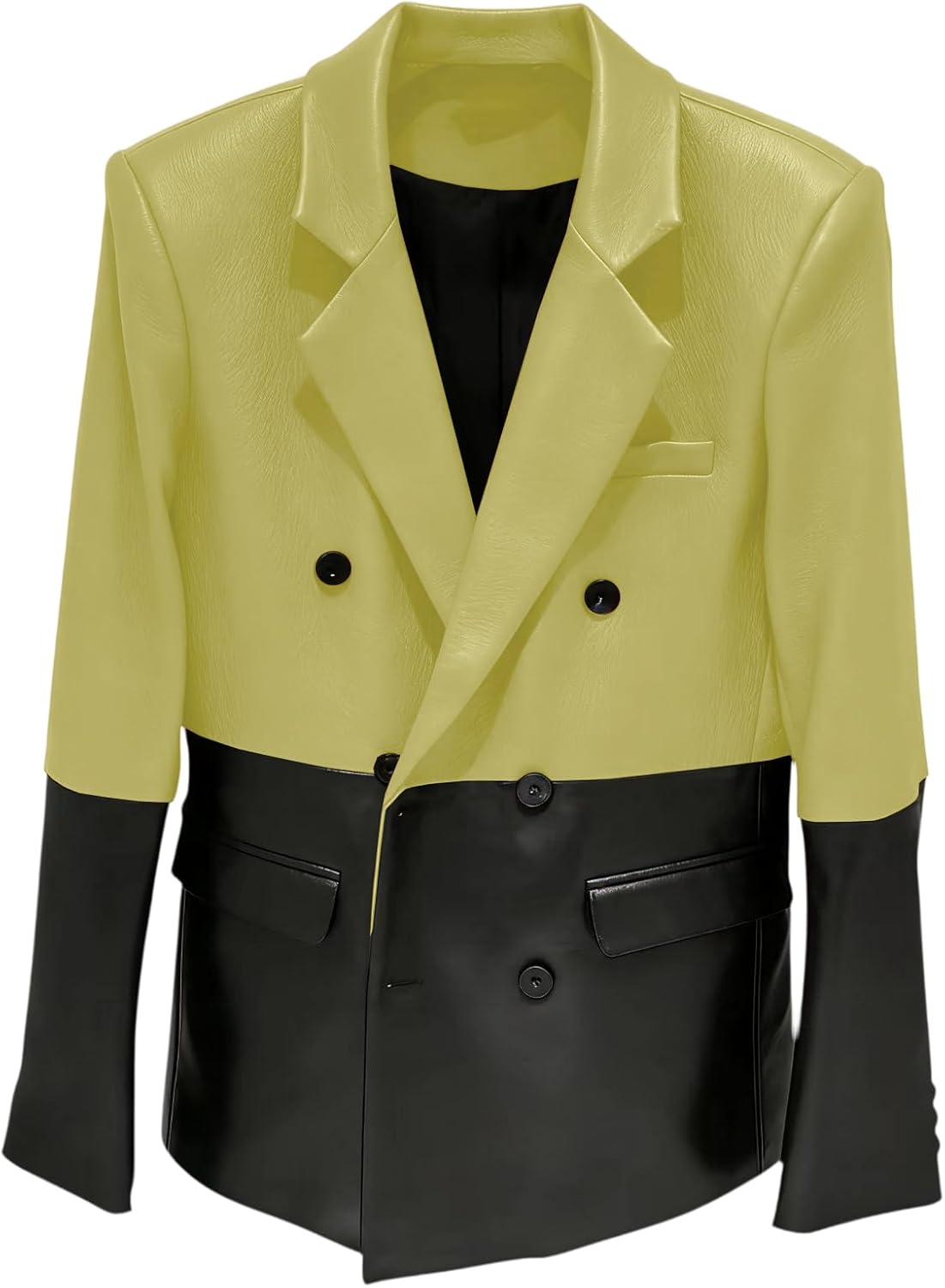 Men‘s Blazer Double Breasted Leather Suit Jacket with Peak Lapel Horizontal PU Color Block Sport Coat