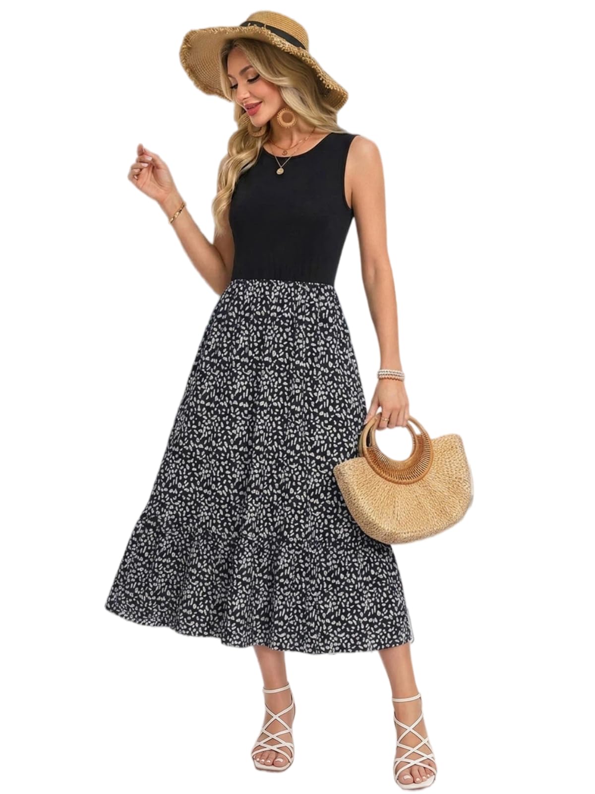 YUTILA Damen Sommerkleid Ärmellos Maxi Kleid Rundhals Zweiteilig Look Luftig Freizeitkleid mit Blumenmuster Elegant & Casual