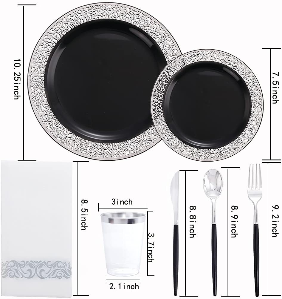 LIYH 350 Pcs Black and Silver Plastic Plates, Silver Plastic Dinnerware Set, Disposable Silverware, Black Plates with Napkins, Happy New Year Day Supplies for 50 Guests