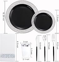 Vista 2 de LIYH 350 platos de plástico negro y plateado, juego de vajilla de plástico plateado, cubiertos desechables, platos negros con servilletas