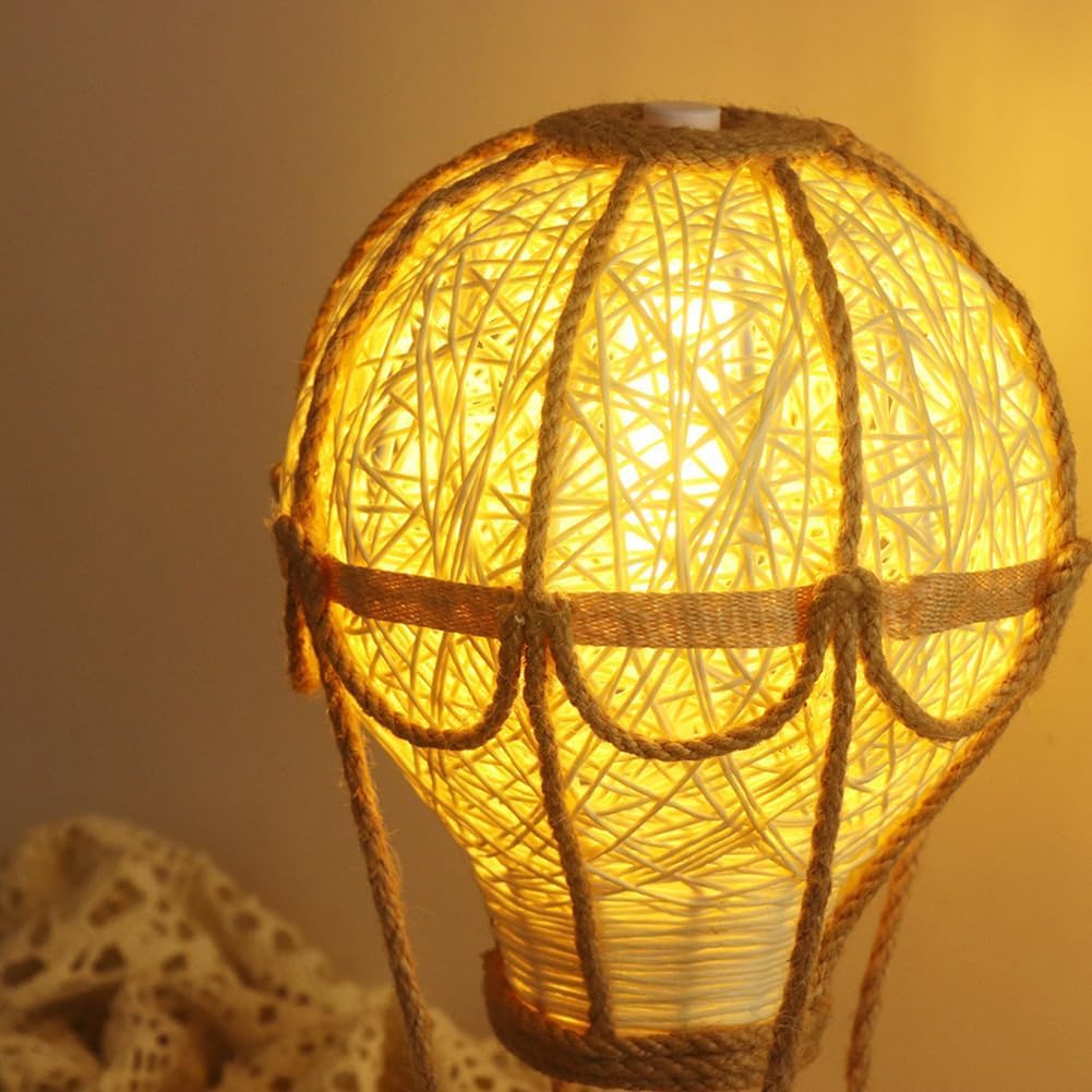 Kinder Nachttischlampe mit Touch Dimmbar, Tischleuchte Boho Kabellos, Kinderzimmer Heißluftballon Lampe Rattan Hanfseil Design Kinder Nachtlicht 3000K Warmes Licht für Schlafzimmer