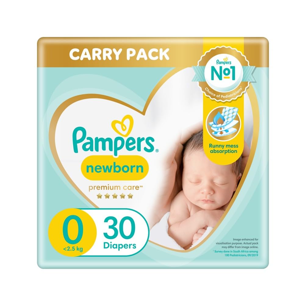 Pampers Premium Care, Taille 0, 30 couches, 3 kg, meilleur confort et protection des peaux sensibles de Pampers