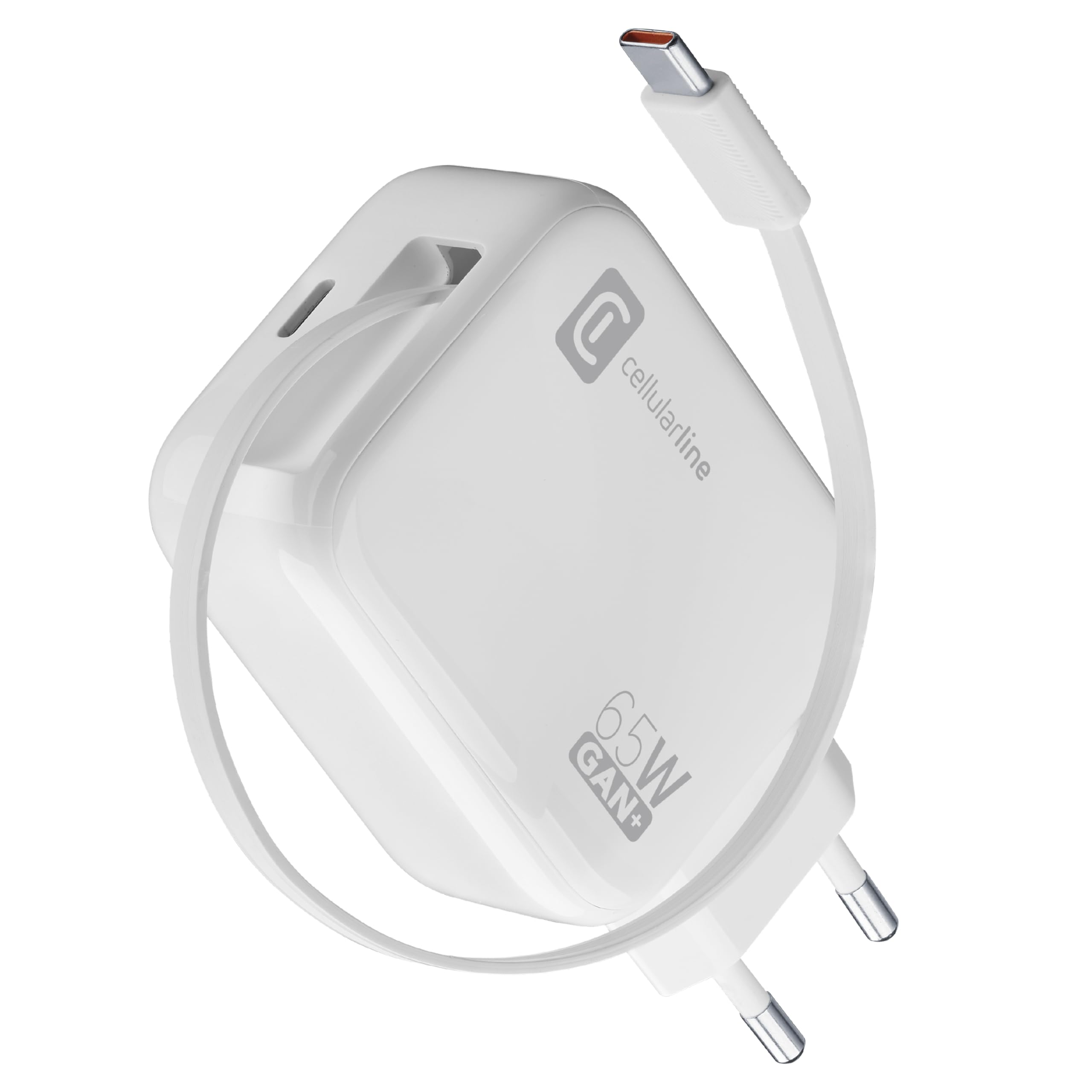 Cellularline Caricabatterie da Rete 65W con Cavo Retrattile USB-C 90cm, Tecnologia GaN, Doppia Porta USB-C Power Delivery, Compatto per Smartphone, Tablet e Laptop, Bianco