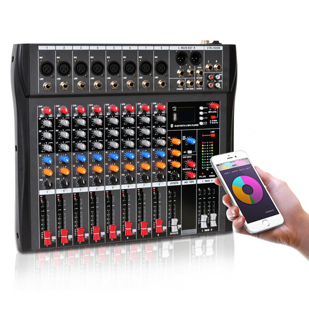 8 Channel Audio Mixer, Professional Audio Mixer Sound Board Console Desk System, Bluetooth Studio Mixer Audio DJ Sound Board Controller with USB, for Professional and Beginners