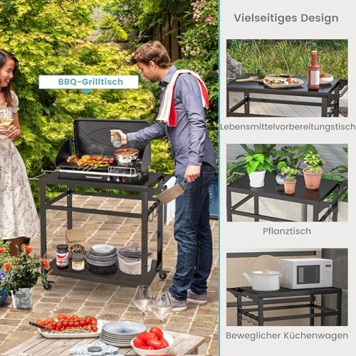 FANTASK Chariot de Barbecue d'extérieur avec 2 étagères, 4 roulettes et Crochets, Table d'appoint pour Barbecue, Chariot de Jardin, Chariot de Jardin pour l'extérieur, Noir