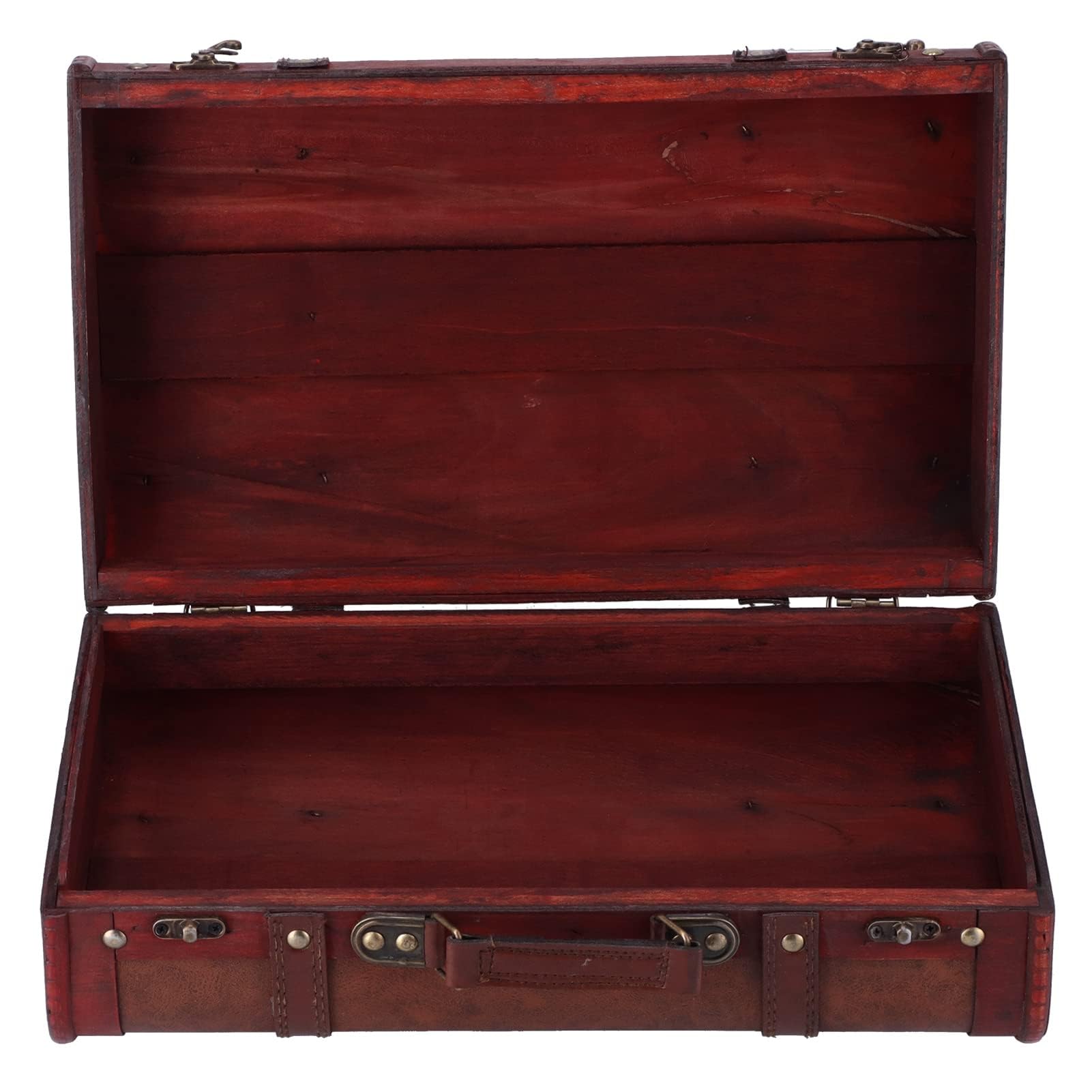 CyrankCyrank Vintage Suitcase, Wooden Trunk Decorative Treasure Antique Leather Suitcase Storage Box Map Portable Nostalgic Storage Box Collection Ornaments Photography Props