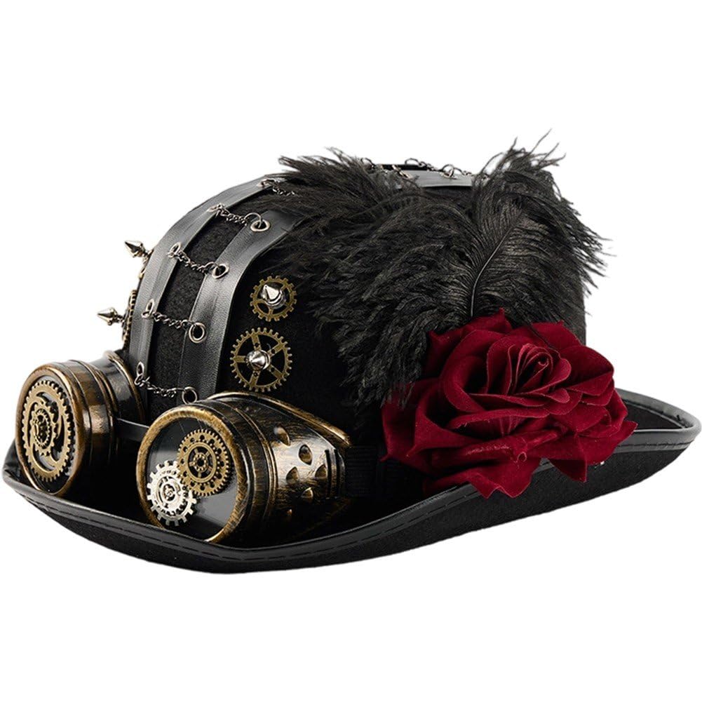 Sanfly Unisex Black Steampunk Hat Victorian Round Hat With Goggles Gear Chain And Rose Flower Gothic Headpiece For Halloween