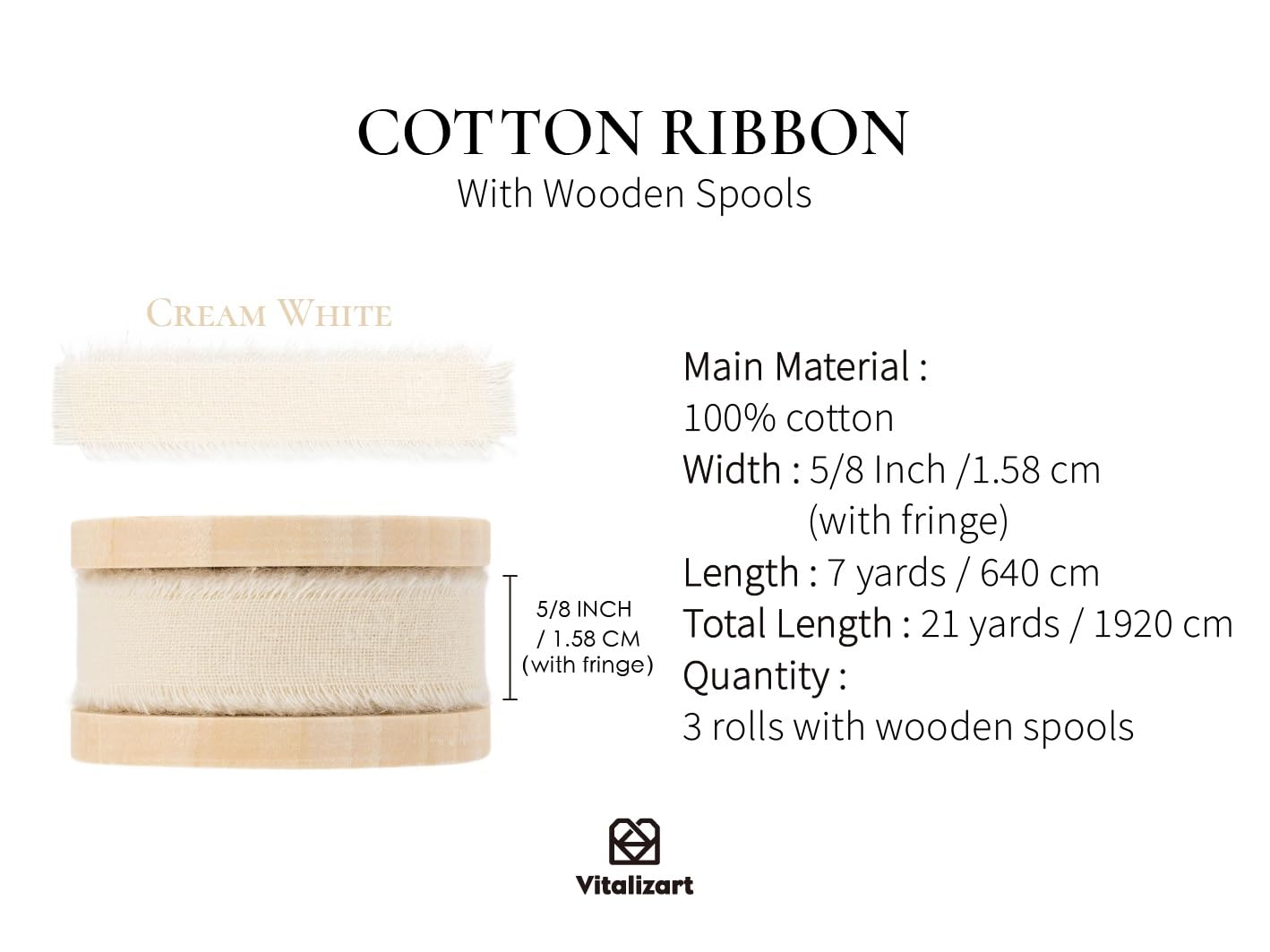 Vitalizart 100% Cotton Ribbon 5/8" x 21Yd (3 Rolls*7Yd) Cream White - Image 2