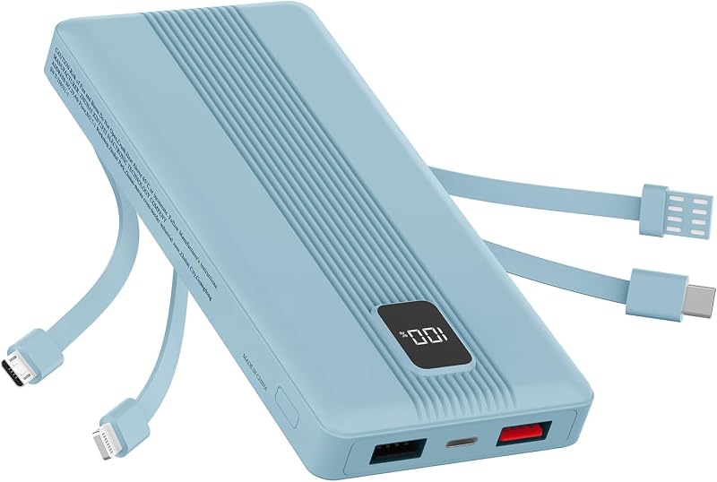 Cargador portátil de 10000 mAh con 4 cables integrados, banco de energía de carga rápida de 22,5 W, pantalla LED, batería de viaje delgada para iPhone 17/16/15/14, Samsung Galaxy, iPad y más