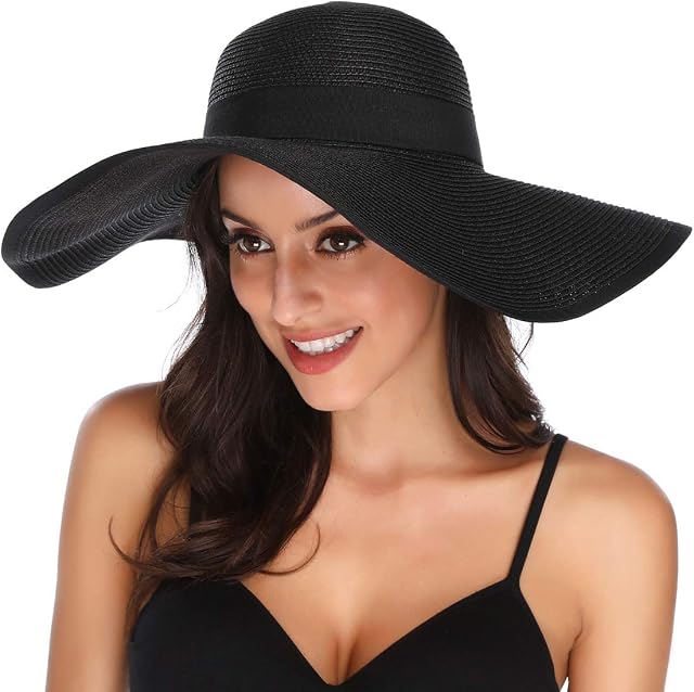 Lanzom Womens Wide Brim Straw Hat Floppy Foldable Roll up Cap Beach Sun Hat UPF 50+
