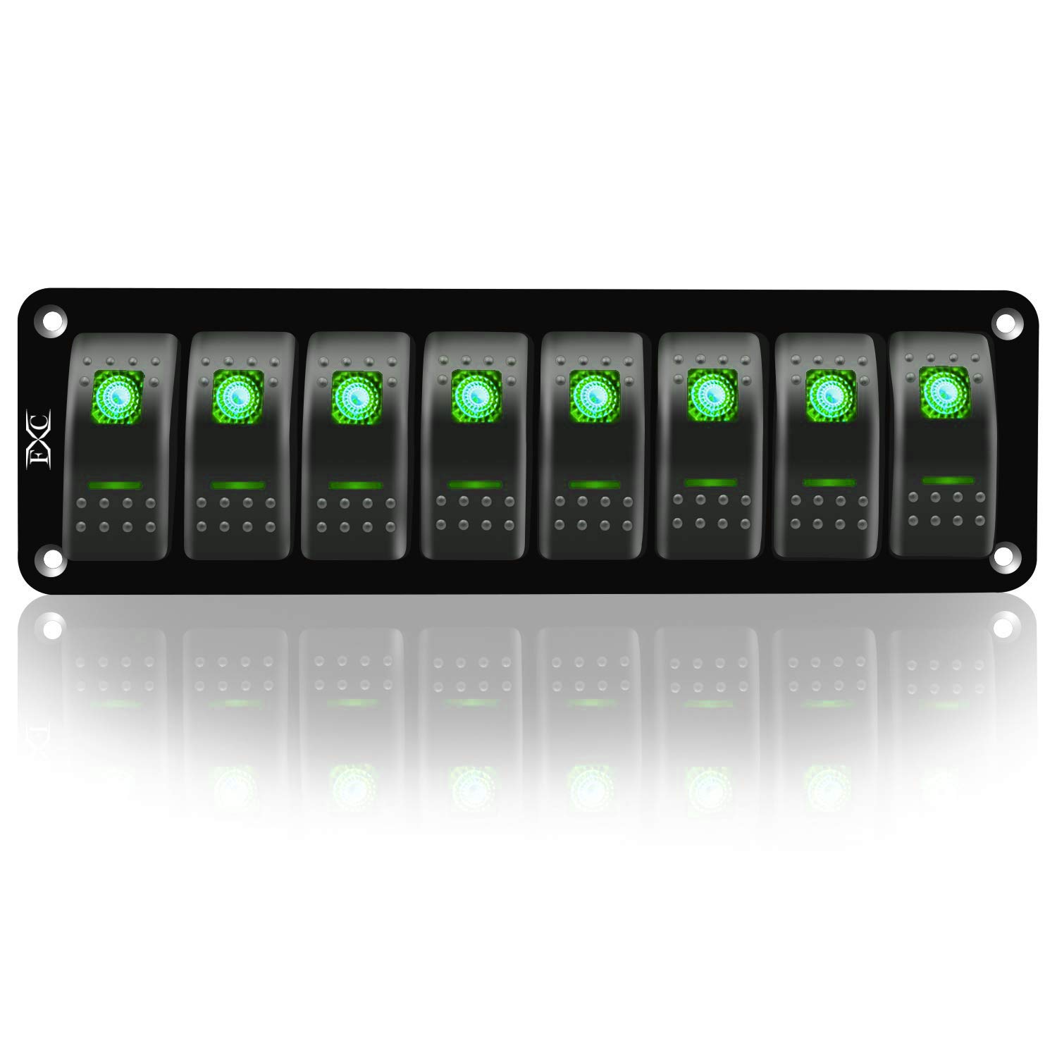 FXC Green 8 Gang Rocker Switch Aluminum Panel Toggle Dash ON/Off Pre-Wired Switches Rocker Switch Panel Waterproof for 12V/24V Automotive Cars Marine Boats RVs Trailers