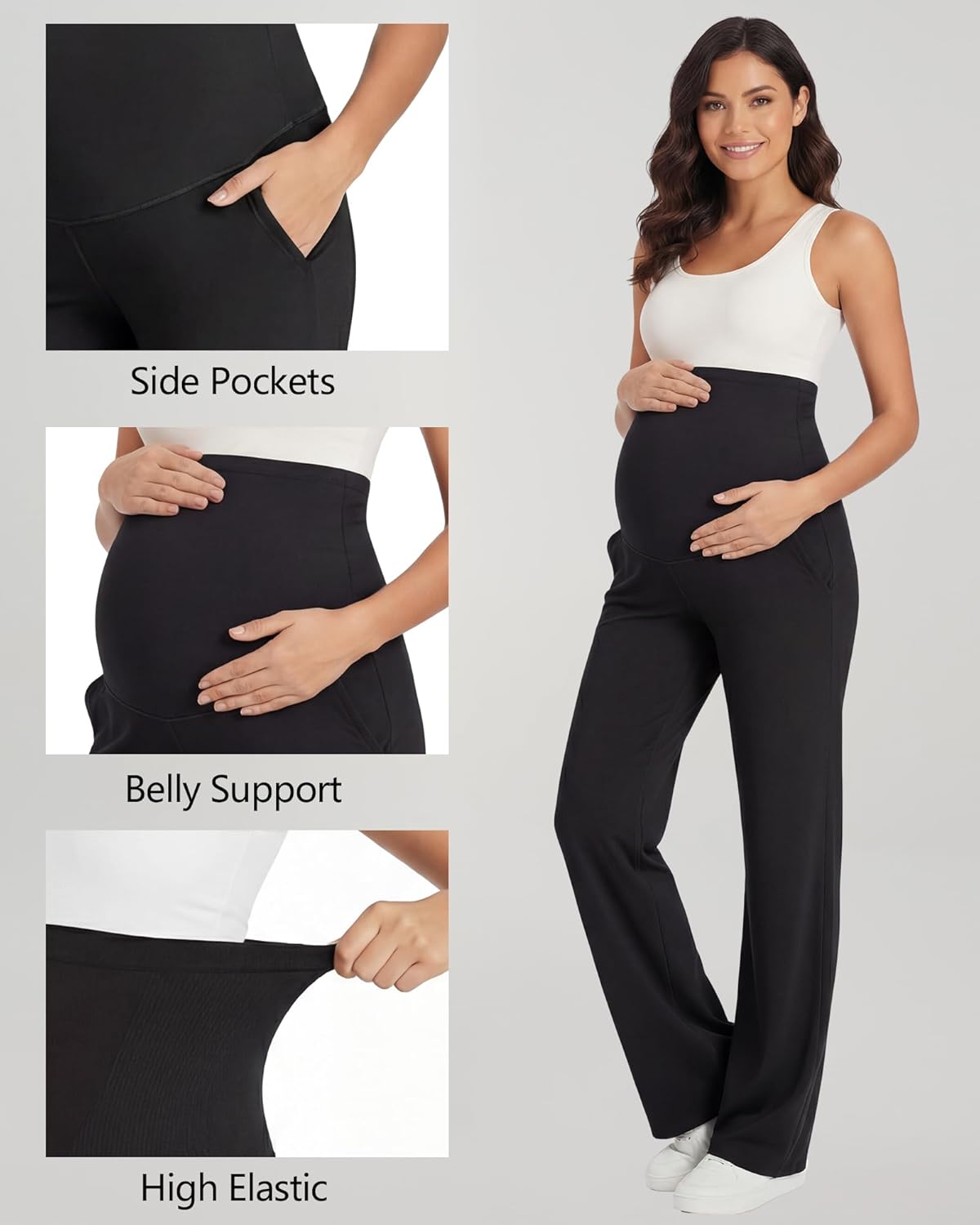 Coume 3 Pack Women's Maternity Pants Over The Belly Pregnancy Yoga Pants Stretchy Loose Wide Leg Trousers with Pockets - Image 3