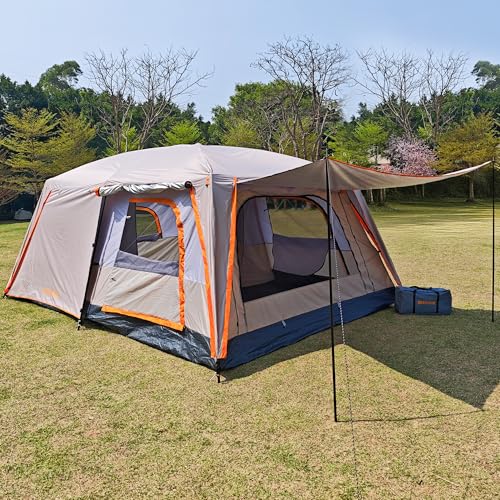 WITHSTAR Camping Tents, 6-8 Person Stand Up Tent, Straight-Wall Design,with Full-Coverage Silver PU-Coated All-Around Tents for Camping, Hiking, Picnic, Bivy, 10.7ft(L) x10ft(W) x4.7ft(H)-(Grey)