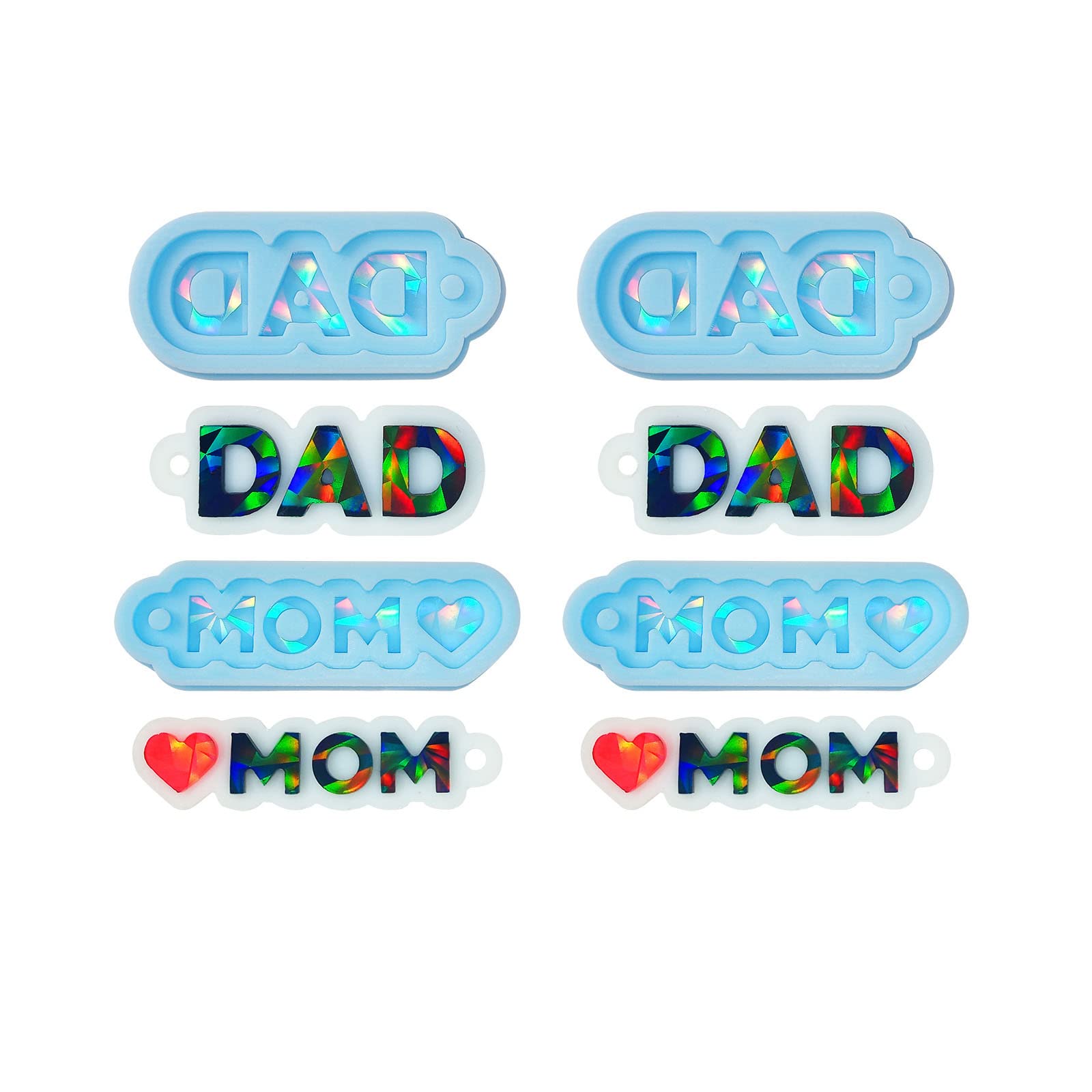 Xidmold 4pcs Holographic Mom Dad Keychain Resin Moulds, Mom Dad Silicone Moulds for Pendant Ornaments, Keychain, Mother's Day, Father's Day