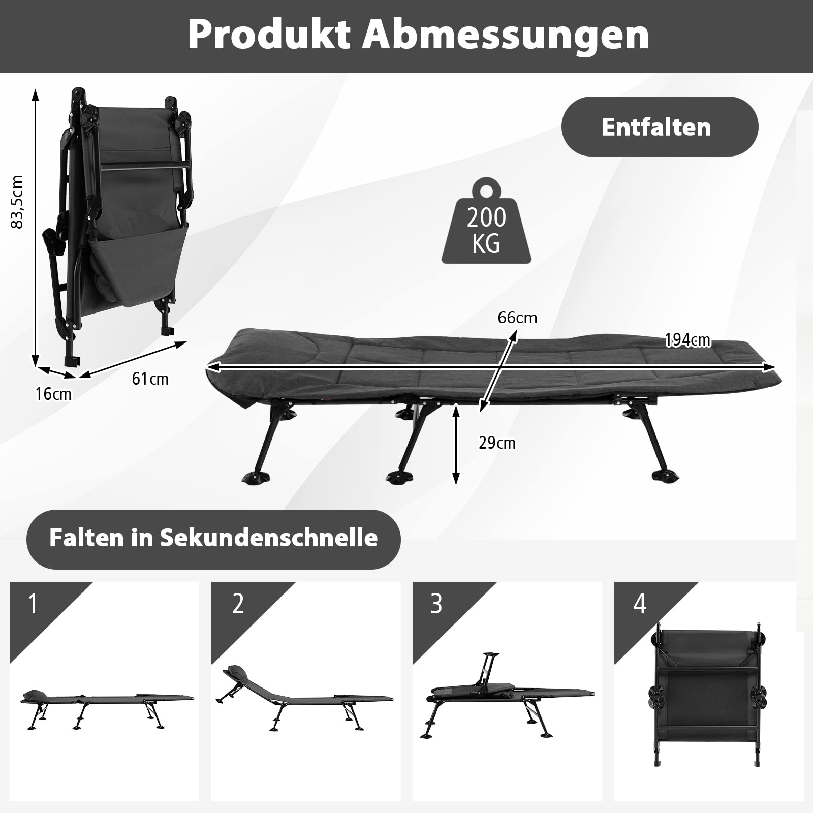 COSTWAY Karpfenliege mit Abnehmbarer Matratze und 6-Fach Verstellbarer Rückenlehne, klappbarer Feldbett bis 200 kg belastbar, Campingliege, Angelliege, Campingbett, 194 x 66 x 29 cm
