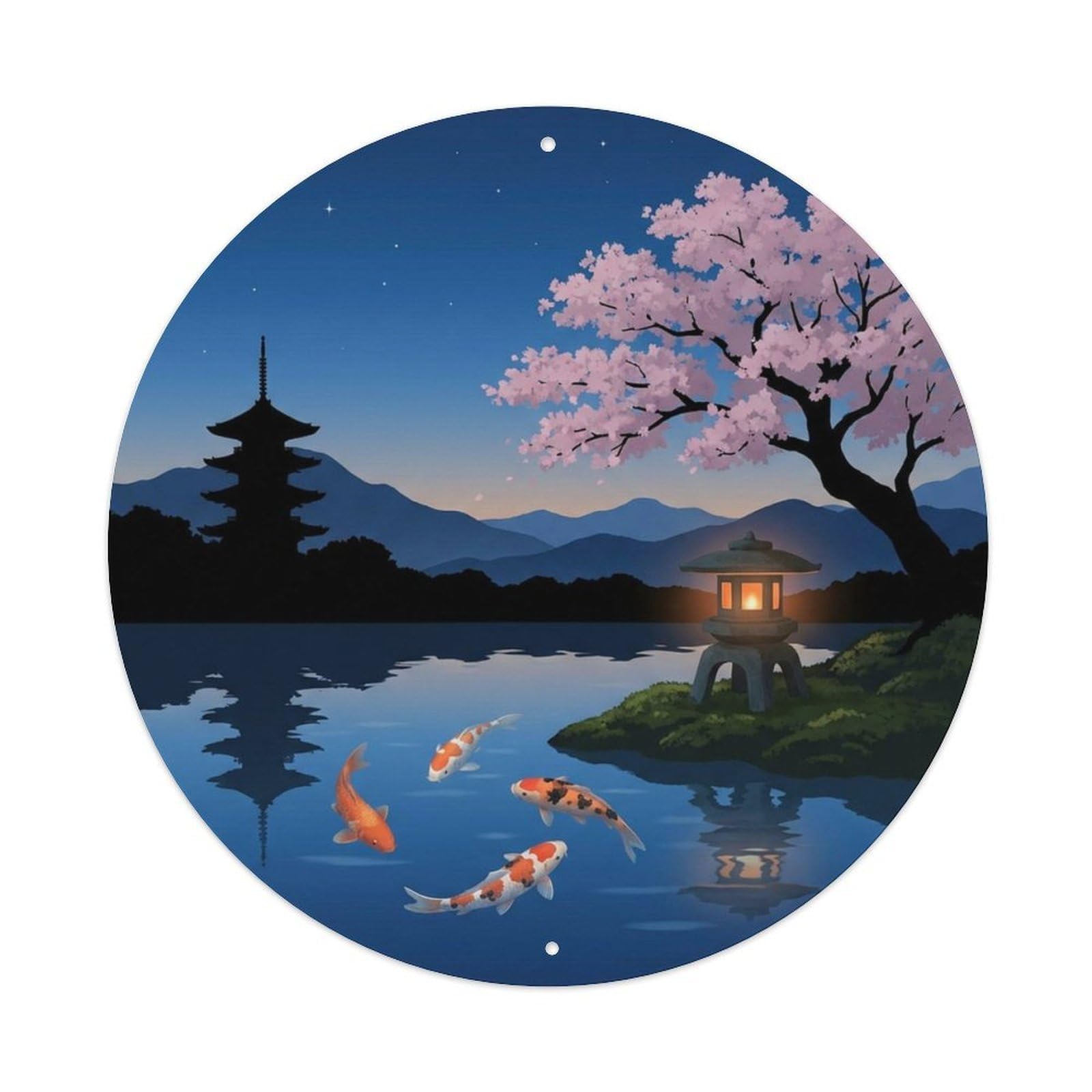 Olyhtr 8X8inch Classic Style Twilight Blue Japanese Koi Garden Vintage Landscape Metal Tin Sign