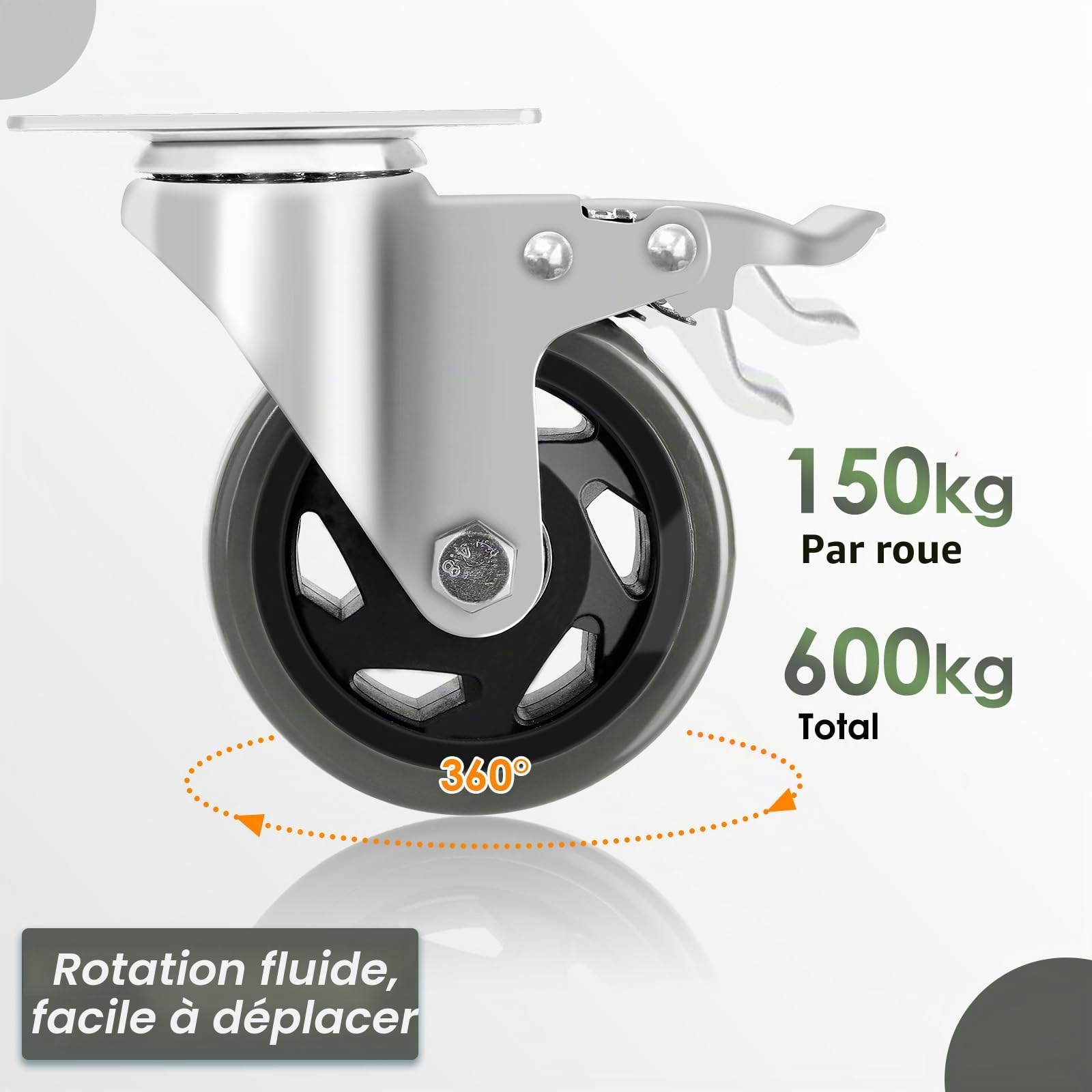 Roulettes Pivotantes 100 mm avec Frein, Lot de 4, Charge Lourde 600 kg | Caoutchouc Anti-Bruit, Parquet, Béton, Moquette, Rotation 360° Fluide, pour Meubles, Ateliers, Chariots Industriels, Gris