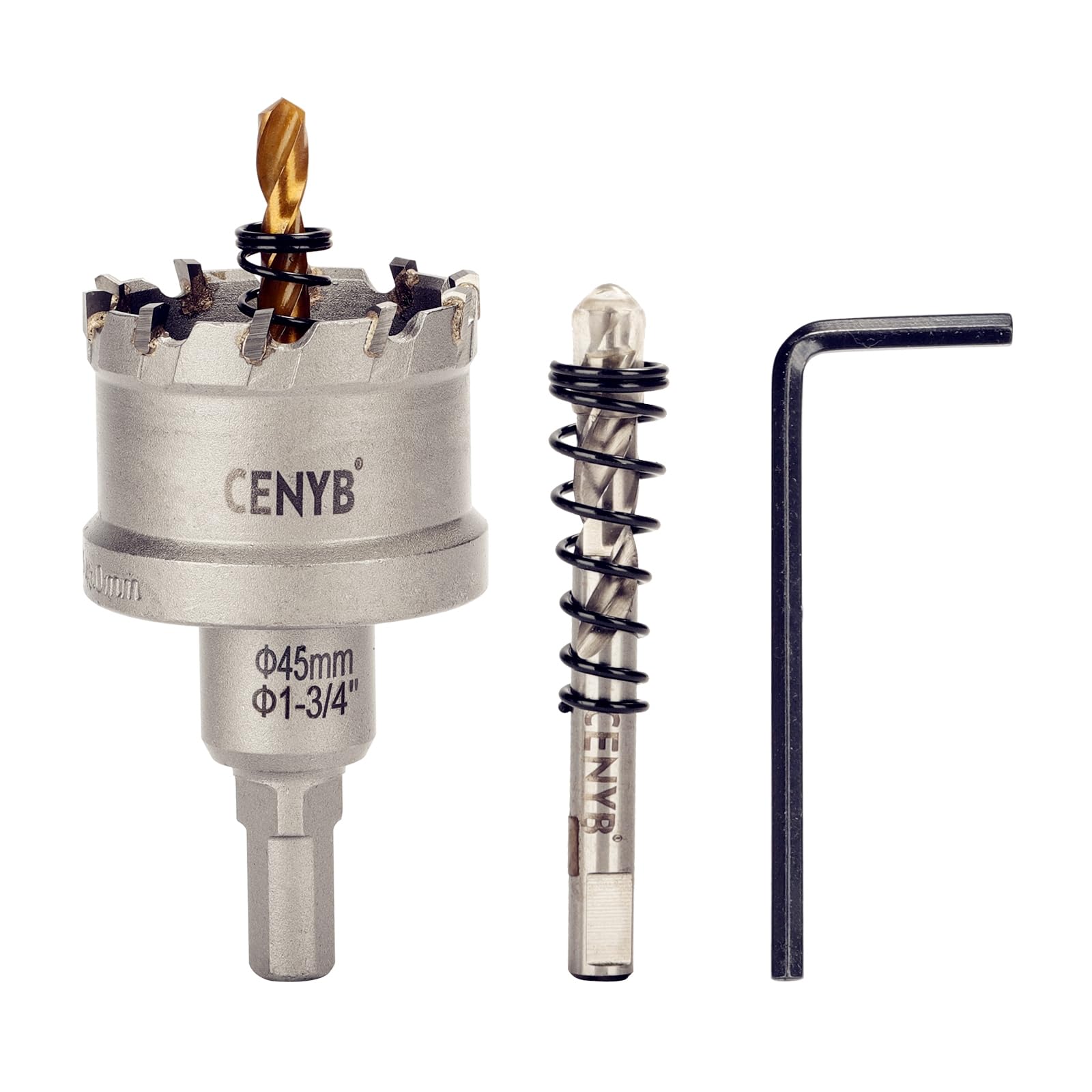 1-3/4" (45mm) Coronas Taladros con Broca: para Madera, Metal, Acero Inoxidable y Plástico - Punta de Carburo de Tungsteno y 2 Brocas Guías de Titanio