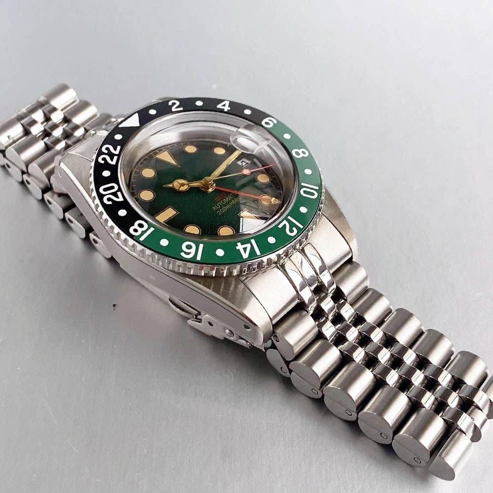 38 mm automatyczne mechaniczne zegarki GMT NH34 ruch wypukły szafirowy kryształ, stal nierdzewna 316L bransoletka jubileuszowa nurkowanie męski zegarek