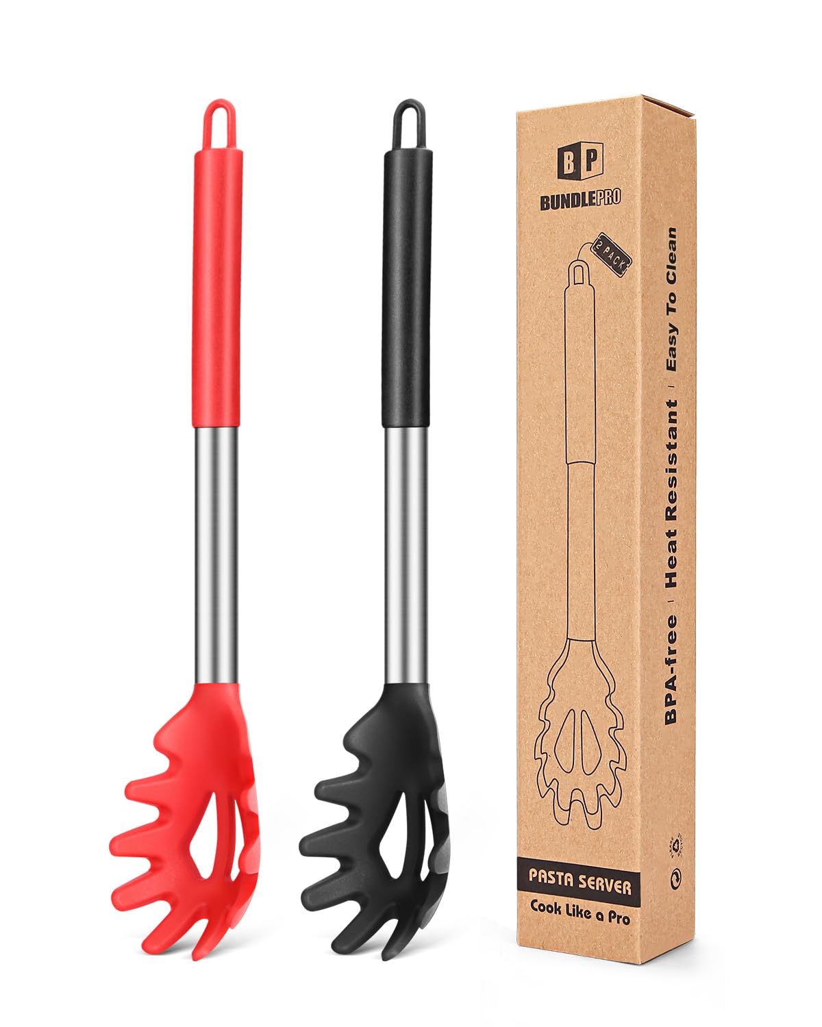 Silicone Pasta Fork Set of 2 Kitchen Heat Resistant Noodle Spoon Server BPA Free Spaghetti Strainer Best Cooking Tools (Black and Red)