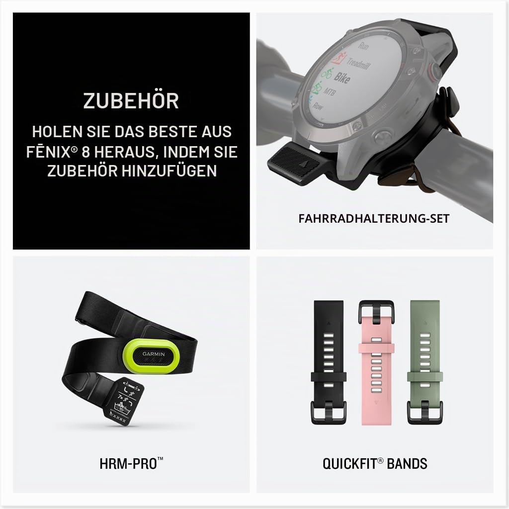 Garmin fēnix® 8-51mm AMOLED Saphir Premium Multisport GPS Smartwatch Lange Akkulaufzeit Tauchbewertet Integrierte LED-Taschenlampe Titan mit Spark Orange/Graphit Band