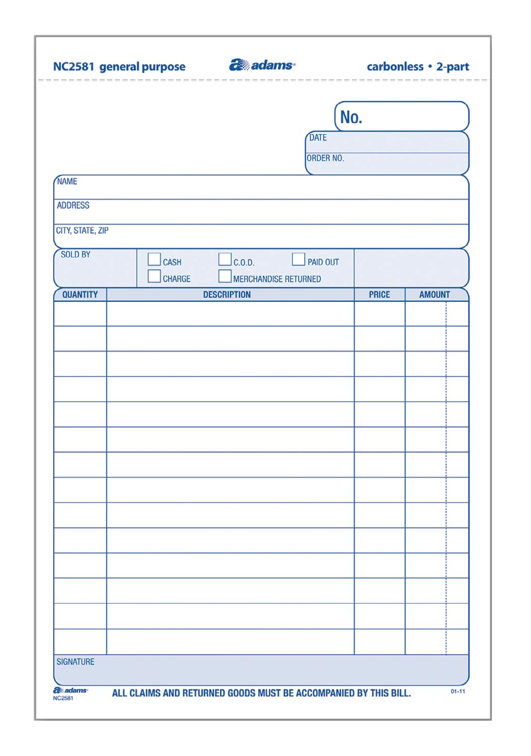Adams General Purpose Unit Sets, 5.67 x 8.5 Inches, 2-Part, Carbonless, White/Canary, 100 Sets per Pack (NC2581)