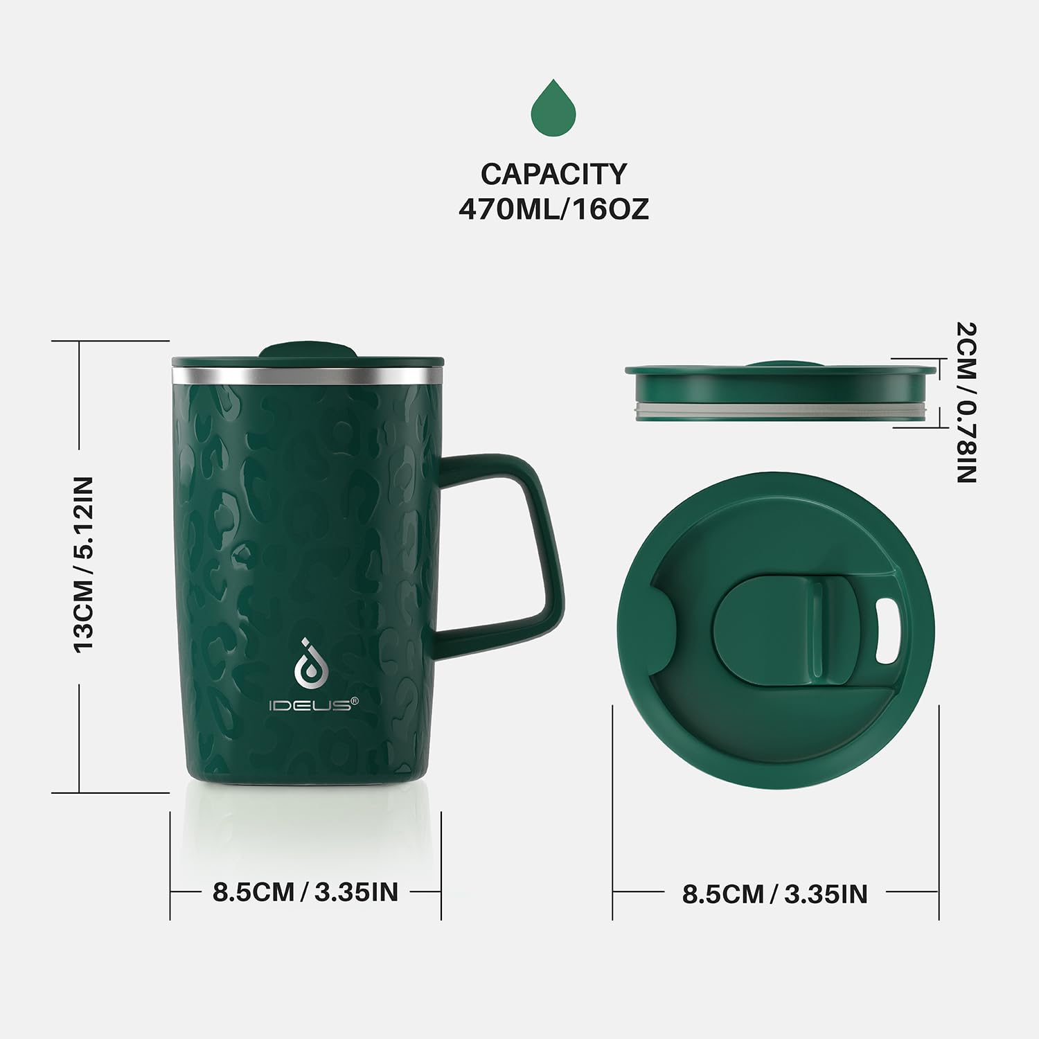 Ideus Tazza da caffè isolata sottovuoto, 470 ml, riutilizzabile, in acciaio inox, a doppia parete, con manico e coperchio scorrevole, per bevande calde e fredde, senza BPA (verde scuro Leapord)