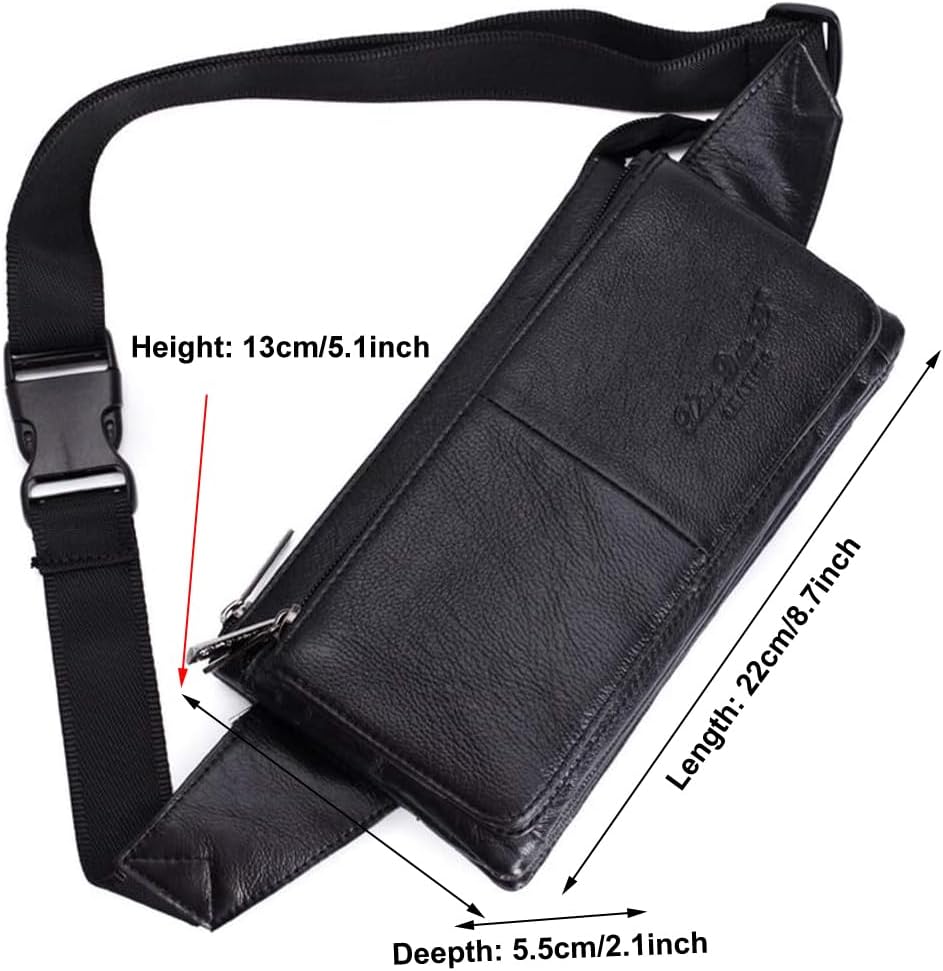 Hebetag Leather Fanny Pack Waist Pouch for Men Women Outdoor Travel Sports Hunting Hiking Camping Casual Hip Bum Belt Cell Phone Purse Wallet Pouch, Black
