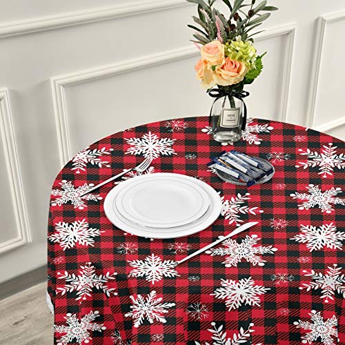 Kll Round Printed Lace Tablecloth Snowflakes On Buffalo Plaid Christmas Circular Table Cover For Dinning Or Dessert Tea Table,60" Diameter #TOP5
