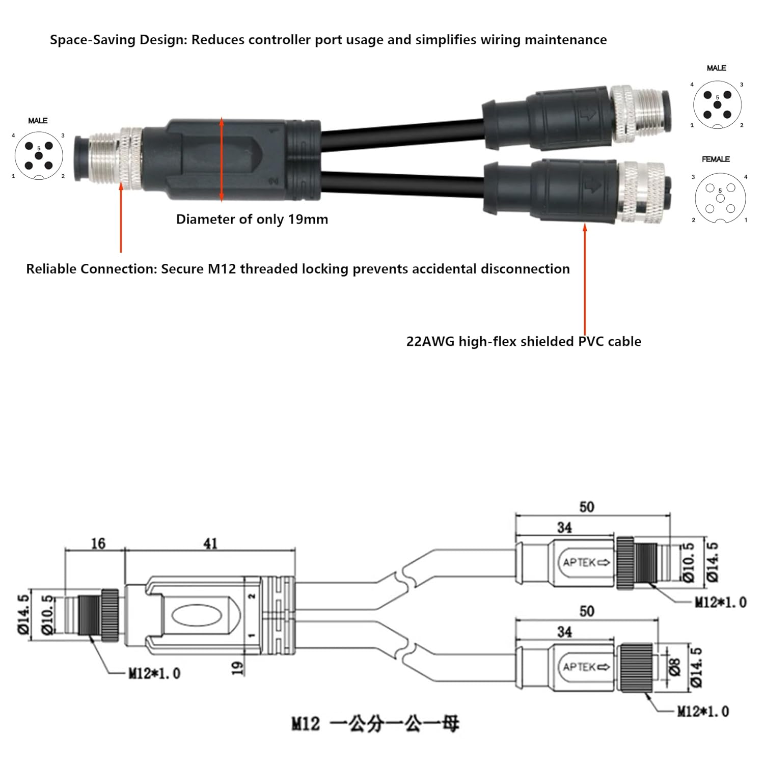 M12 A-Coded 5-Pin Male to Female Cable for Balluff Industrial Automation Fieldbus Profinet Actuator Sensor Switch PLC, PVC Shielded 15M