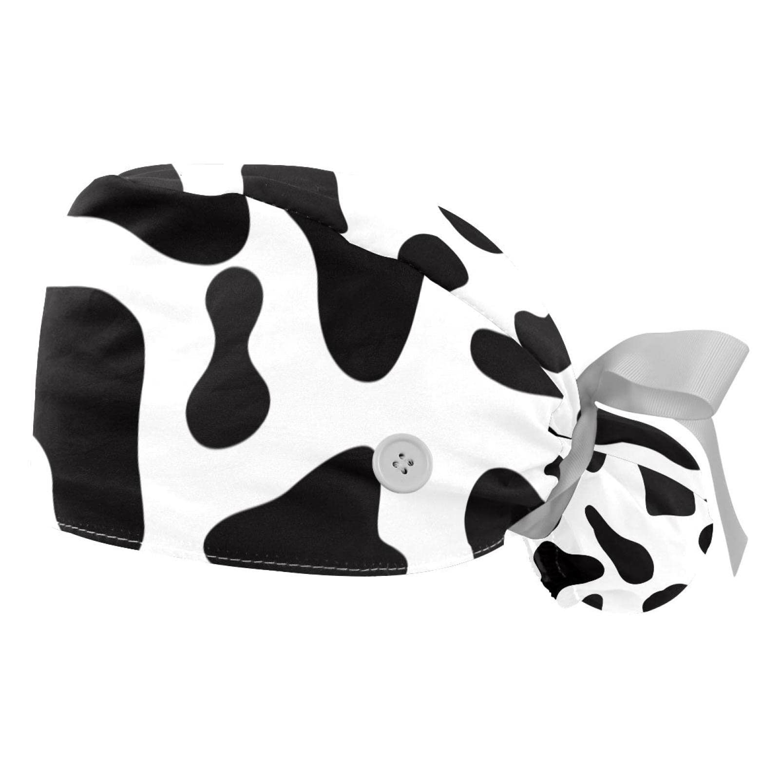 2 PCS Bouffant Cap with Button Ponytail Pouch Working Cap Sweatband Adjustable Surgical Cap Black and White Cow