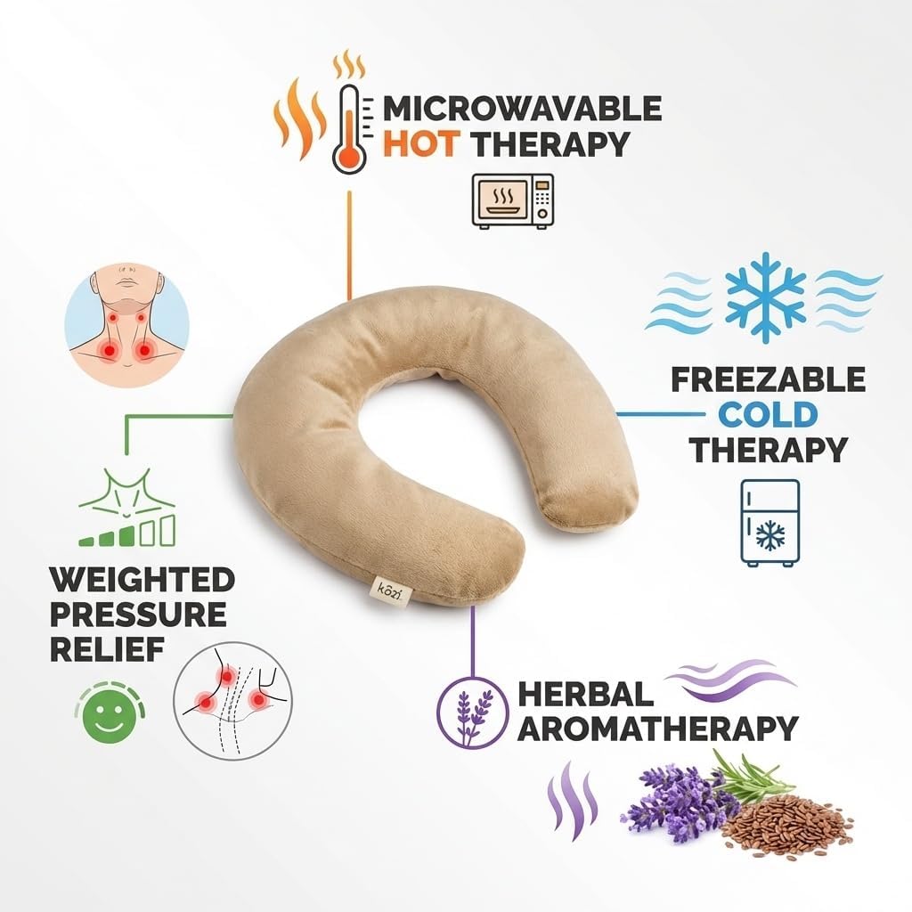 Kozi Weighted Neck Wrap - Microwavable Hot & Cold Therapy Pillow for Neck Pain, Migraine, and Muscle Stiffness Relief - Herbal Aromatherapy Heating Pad - Jute Fabric