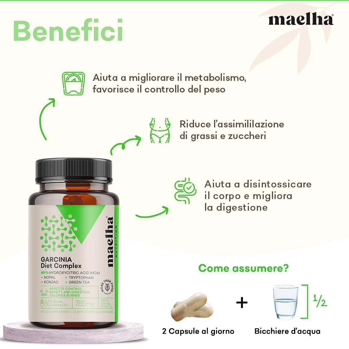 Garcinia Cambogia Extra Forte | Konjac alta titolazione di Glucomannano | Caffe Verde | Te Verde | Nopal | 60 capsule | 60% HCA | 100% Naturale e Vegano