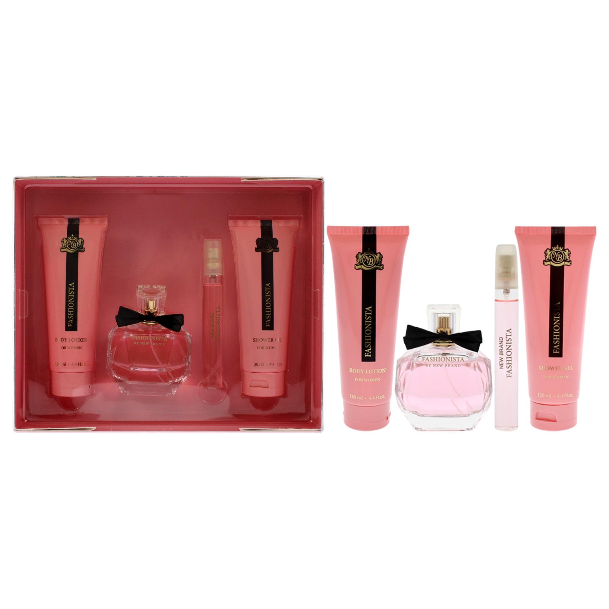 New Brand Prestige Fashionista for Women - 4 Pc Gift Set 3.4oz EDP Spray, 0.5oz EDP Spray, 4.3oz Shower Gel, 4.3oz Body Lotion
