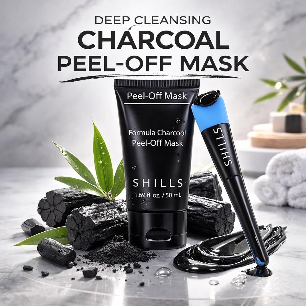 SHILLS Charcoal Mask for Men, 1 Bottle (1.69 fl. oz) and a Brush Set - Image 2