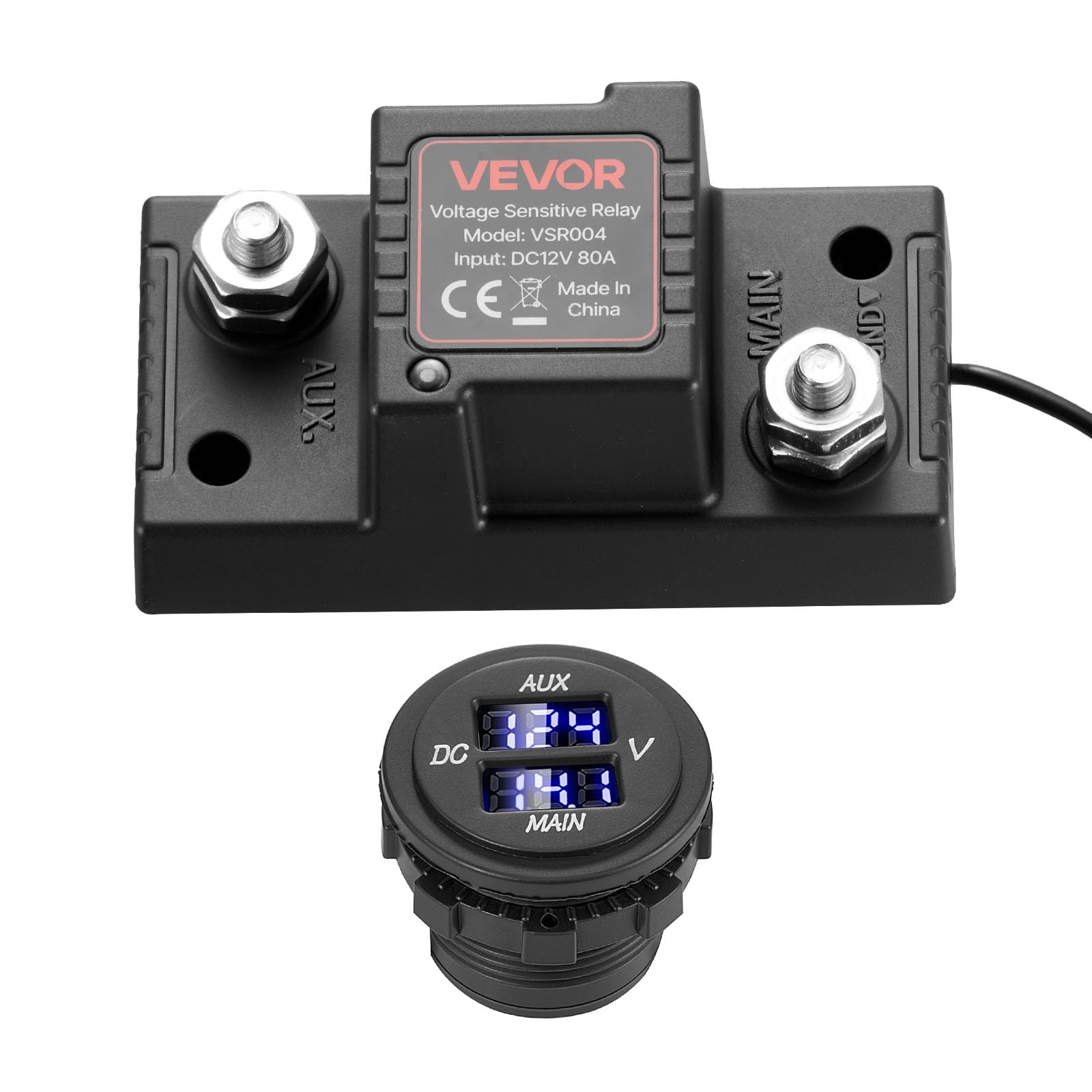 VEVOR Kit Isolatore Batteria Doppia 12 V 80 Amp, Relè Sensibile alla Tensione VSR Manuale e Automatico con Voltmetro, Schermo LCD, Isolatore Compatibile con Batterie al Piombo, per Furgone Camper