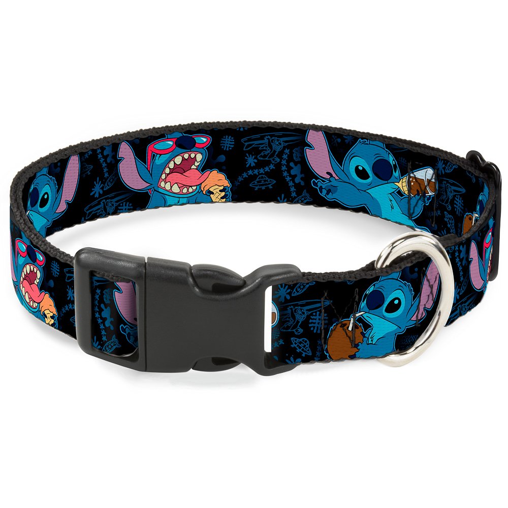 Buckle-Down Stitch Snacking Poses Black/Blue Plastic Clip Collar, Large/15-26"