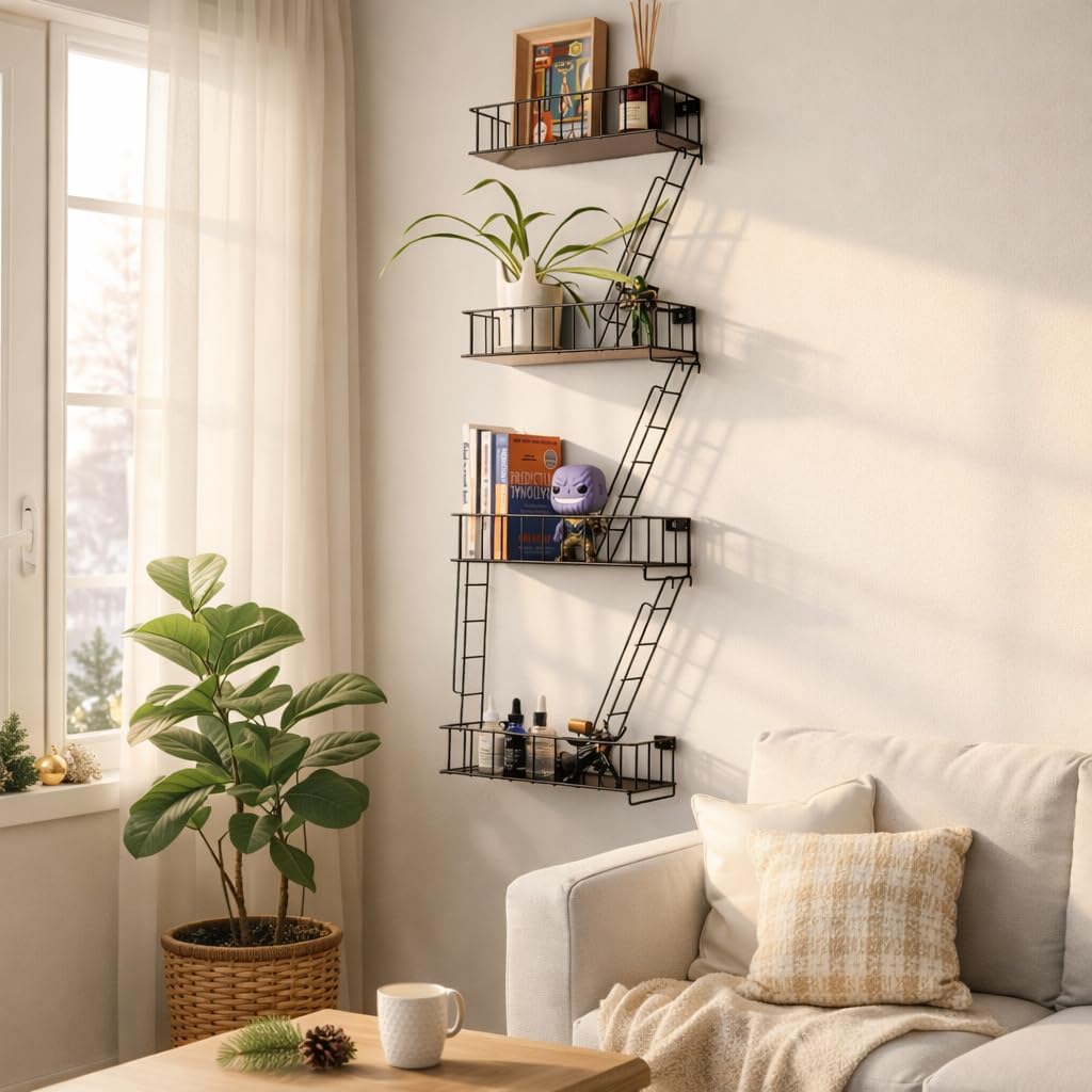 4 Tier Fire Escape Wall Shelf – New York Decorative Floating Shelf – Wall Art Ladder Shelf – Black Metal Trinket Shelves for Bedroom, Home, Office, Storage and Display - Giftable Option