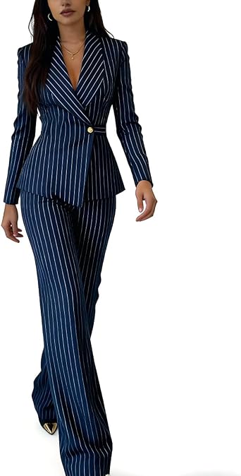 2 Piece Pinstripe Pant Suit for Women Casual Work Outfits Womens Slim Fit | One Button Pinstripe Womens Suiting Business Office Stripes Outfits Lady Work Suit Set with Belt