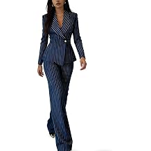 2 Piece Pinstripe Pant Suit for Women Casual Work Outfits Womens Slim Fit | One Button Pinstripe Womens Suiting Business Office Stripes Outfits Lady Work Suit Set with Belt