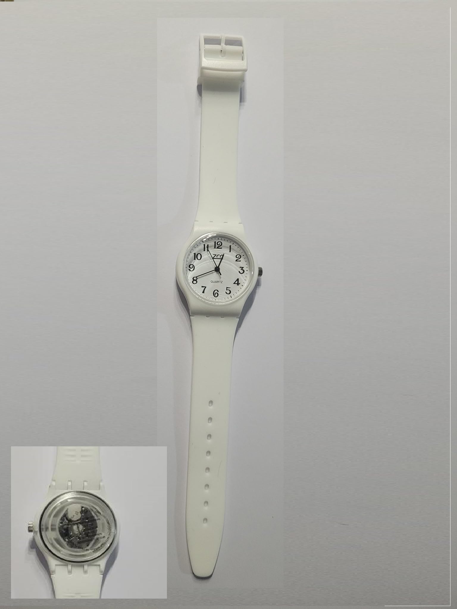 OROLOGIO BIANCO QUADRANTE 35mm lungo 23,5 cm PER DETENUTO, UNISEX DIETRO TRASPARENTE IDONEO CARCERE AMMESSO PENITENZIARIO, NON VA BENE PER POLSI GRANDI