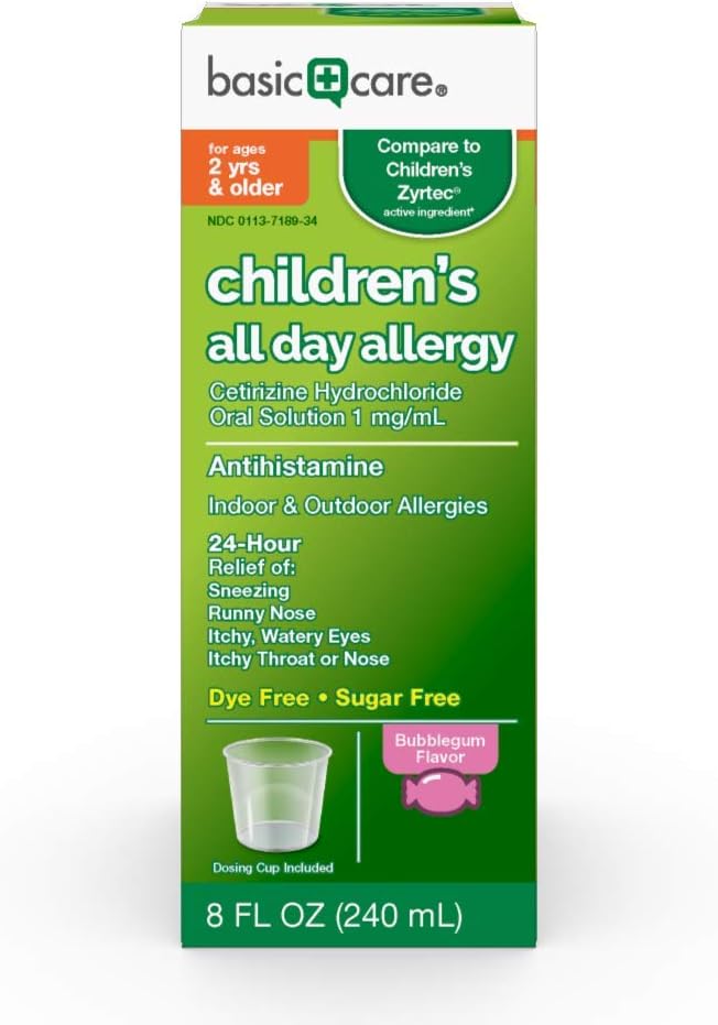 Amazon Basic Care All Day Allergy Relief, Cetirizine Hydrochloride Oral Solution 1 mg/mL, Bubblegum Flavor, Dye & Sugar Free, 8 Fluid Ounces