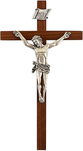 Crucifijo de madera religiosa de la cruz de la pared de la nuez con el cuerpo de Cristo de peltre, 8 pulgadas