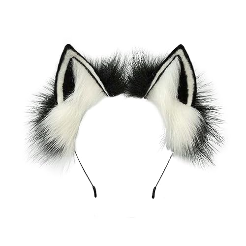 MIVAIUN Handmade Faux Fur Cat Ear Headband - Animal Ear Headband Costume Accessory for Halloween, Thanksgiving, Cosplay - Black and White