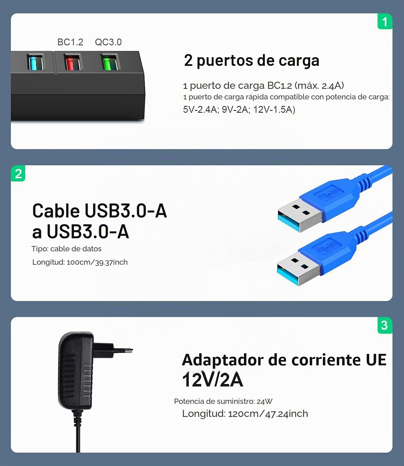 Vansuny Hub USB 3.0 Alimentado 6 en 1 Concentrador USB Multipuerto con Alimentación Externa Alta Velocidad 5Gbps Compatible con PC/MacBook/Disco Duro/Teclado/Ratón y Más