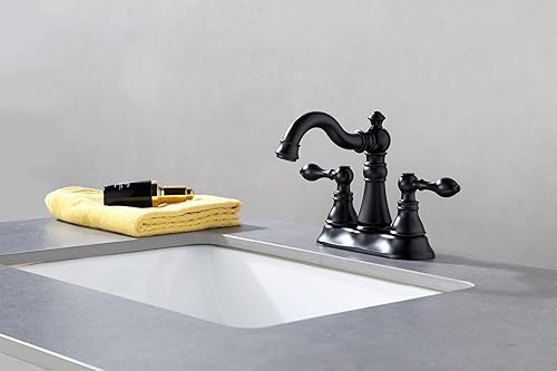 Miniatura 3 de Grifo de baño de dos manijas negro mate de 3 agujeros con montaje de drenaje desplegable, grifo de lavabo clásico de 4 pulgadas con boquilla